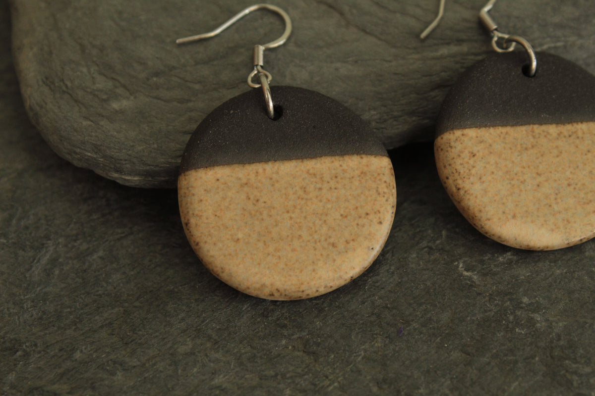 Black and light brown circle dangling earrings