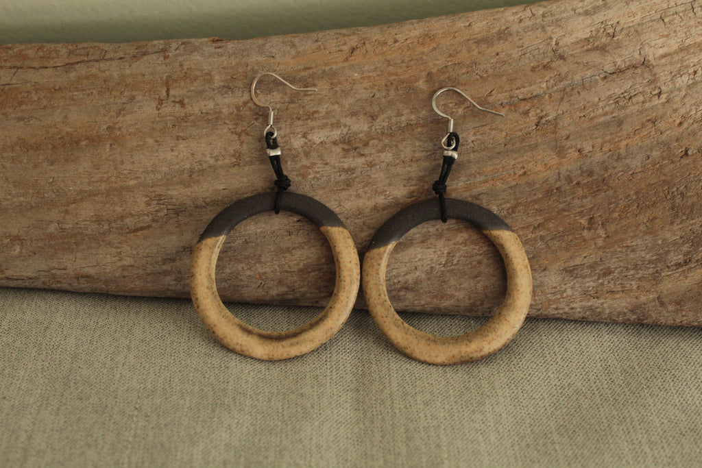Black and light brown hoop dangling earrings with cord