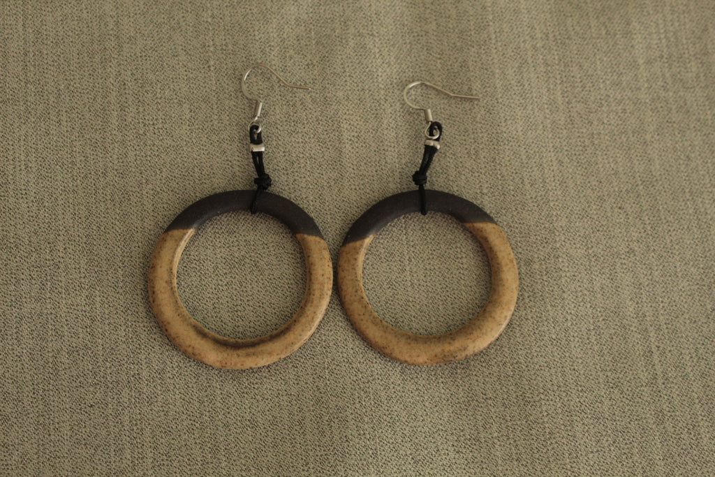 Black and light brown hoop dangling earrings with cord