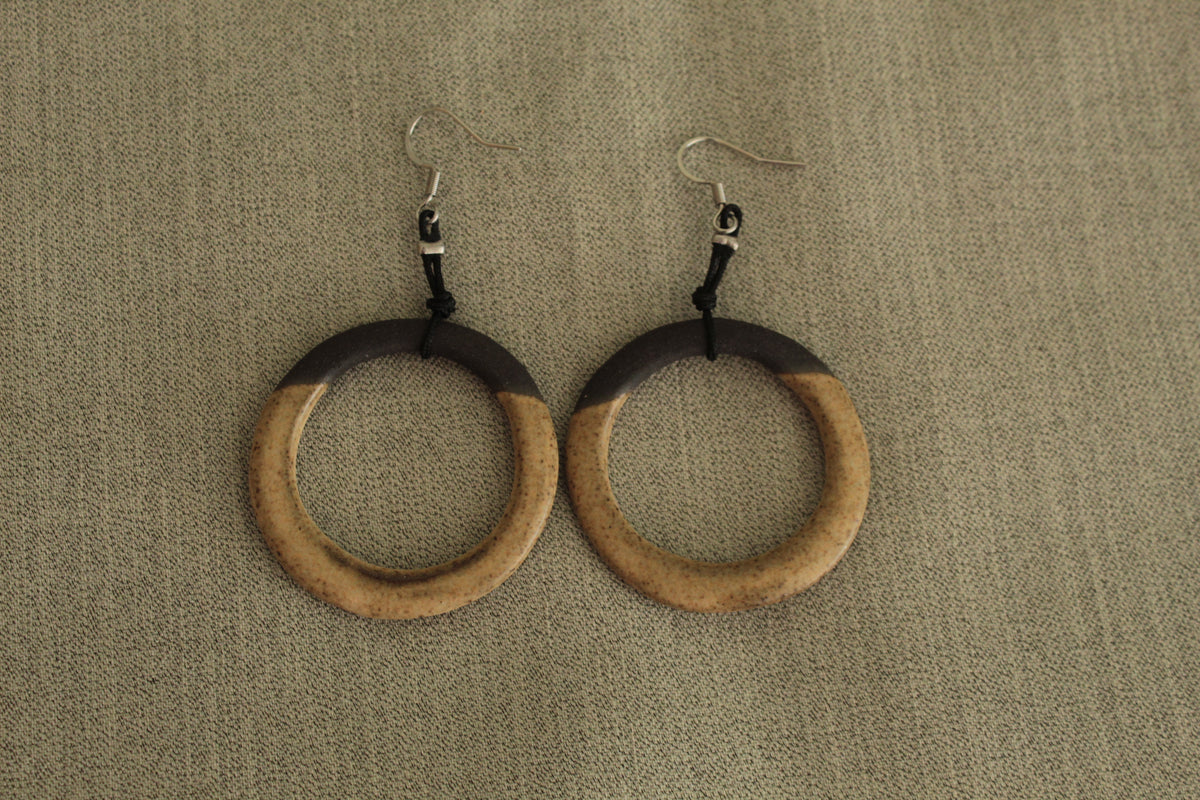 Black and light brown hoop dangling earrings with cord