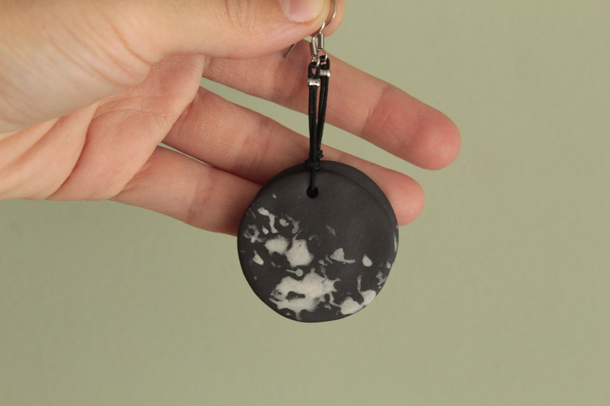 Black and white porcelain dangling earrings with cord