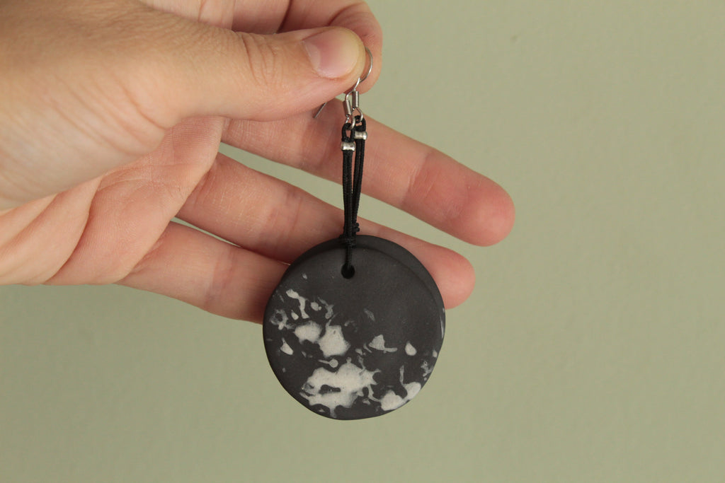 Black and white porcelain dangling earrings with cord