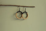 Load image into Gallery viewer, Black and light brown hoop dangling earrings with cord
