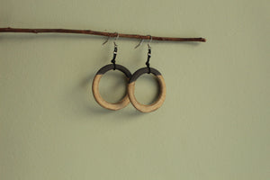 Black and light brown hoop dangling earrings with cord