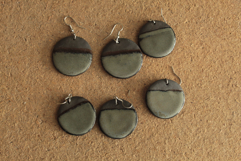 Black and dark sage circle dangling earrings