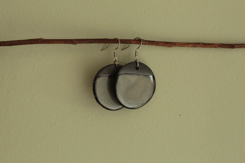Black and dark sage circle dangling earrings