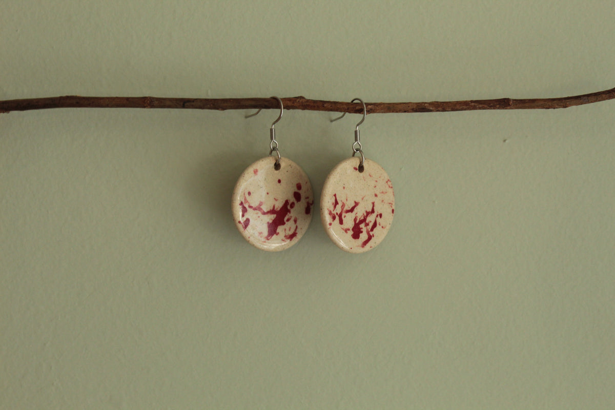 Beige with red design circle dangling earrings