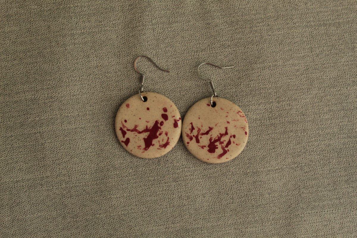 Beige with red design circle dangling earrings