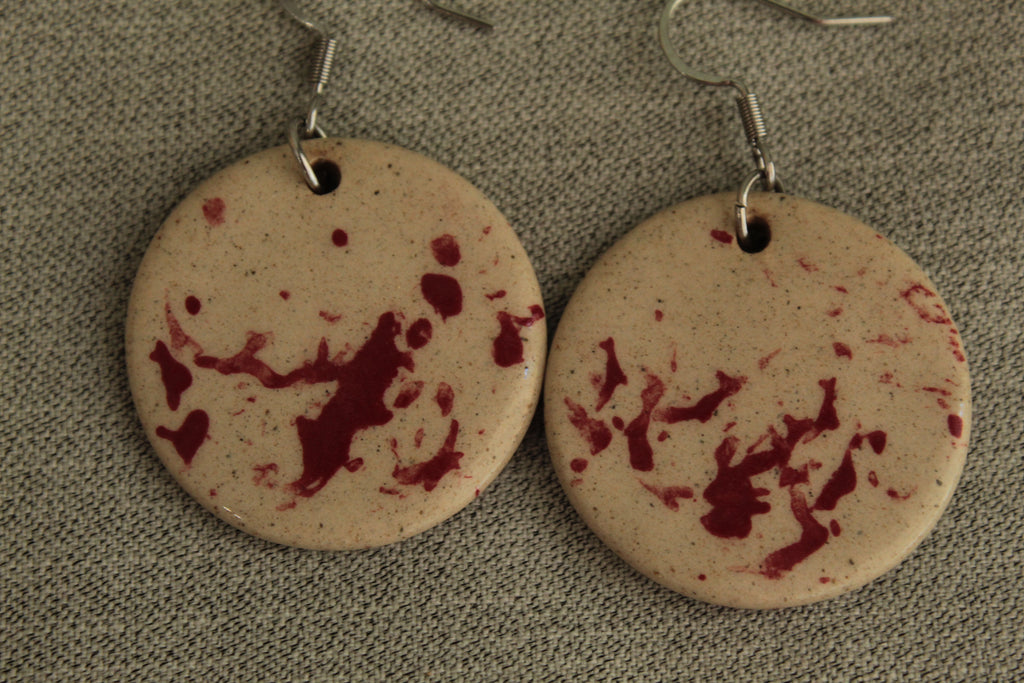 Beige with red design circle dangling earrings
