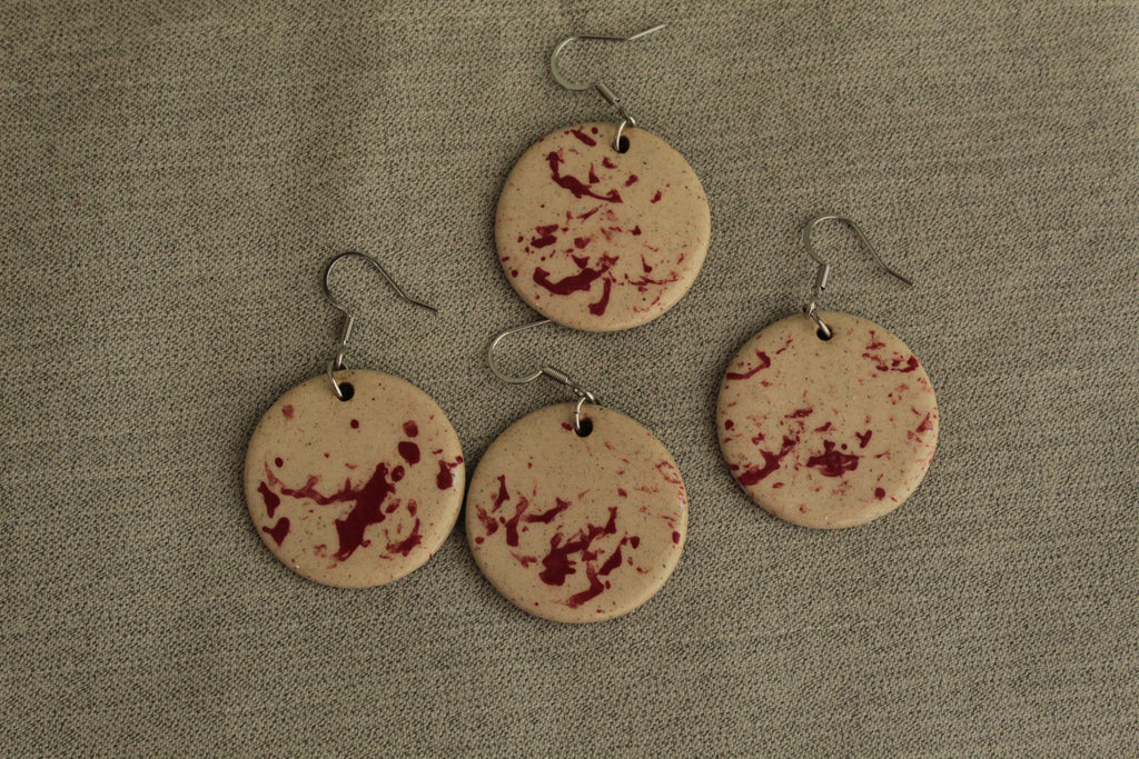 Beige with red design circle dangling earrings