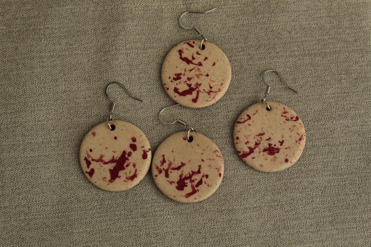 Beige with red design circle dangling earrings