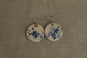 White with blue design circle dangling earrings