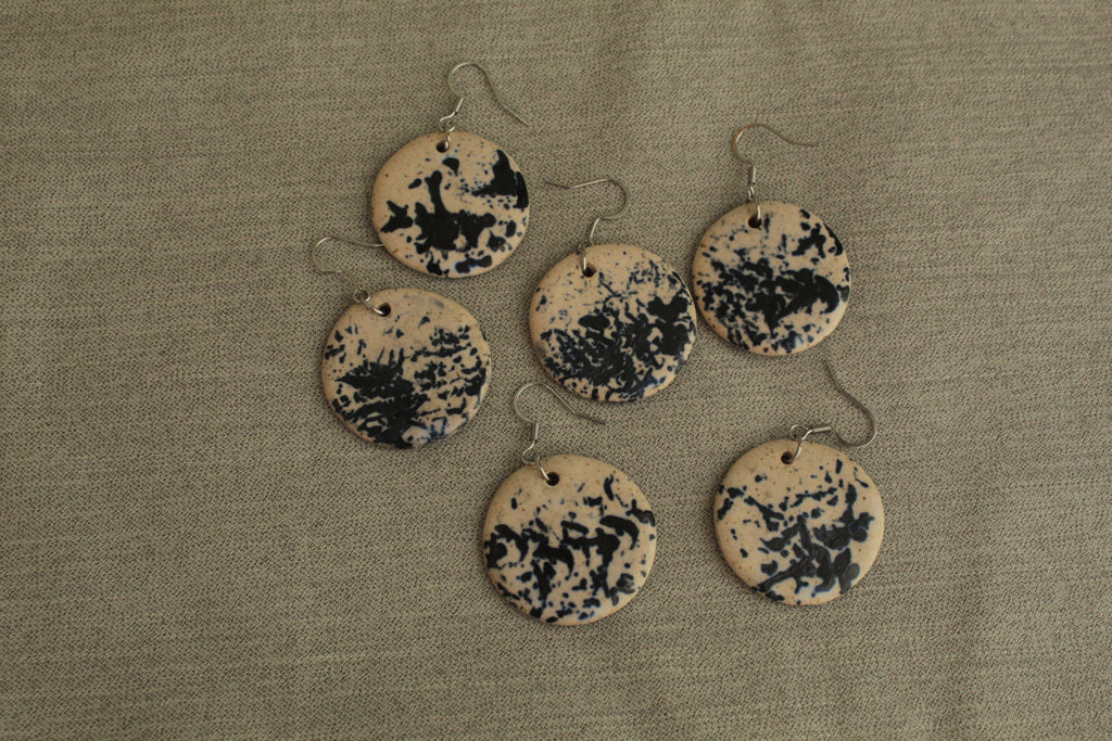 Beige with dark blue design circle dangling earrings