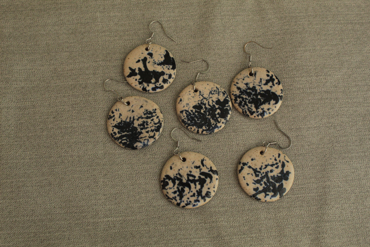 Beige with dark blue design circle dangling earrings