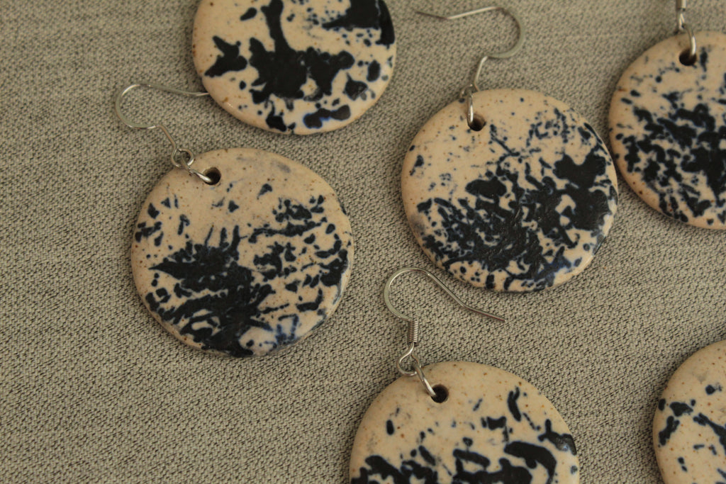 Beige with dark blue design circle dangling earrings