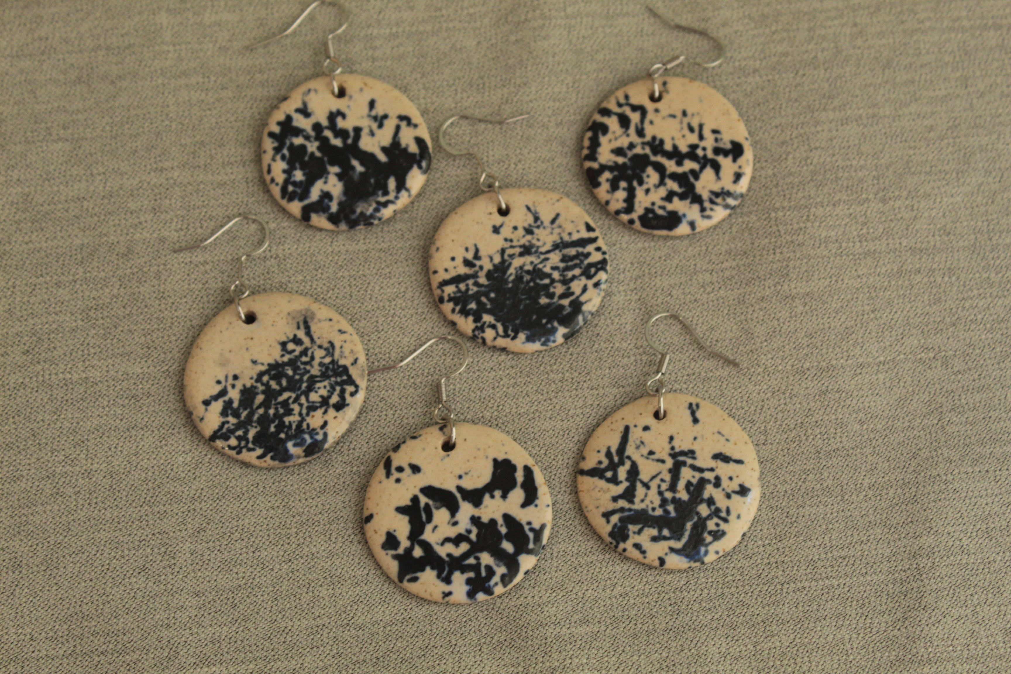 Beige with dark blue design circle dangling earrings