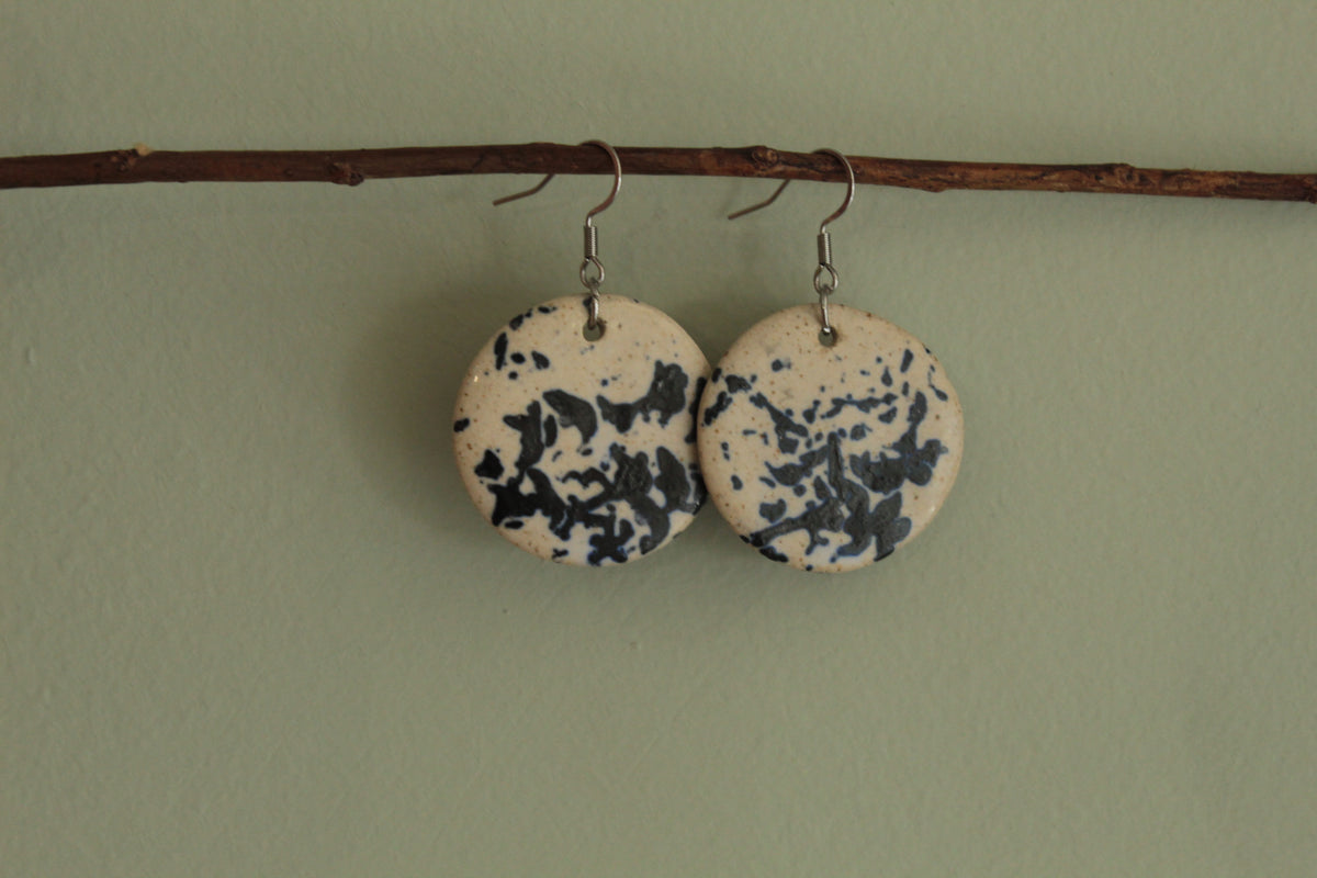 Beige with dark blue design circle dangling earrings