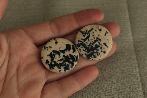 Beige with dark blue design circle dangling earrings