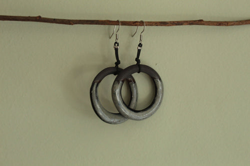 Black and dark sage hoop dangling earrings with cord