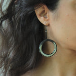 Load image into Gallery viewer, Black and beige hoop dangling earrings with cord
