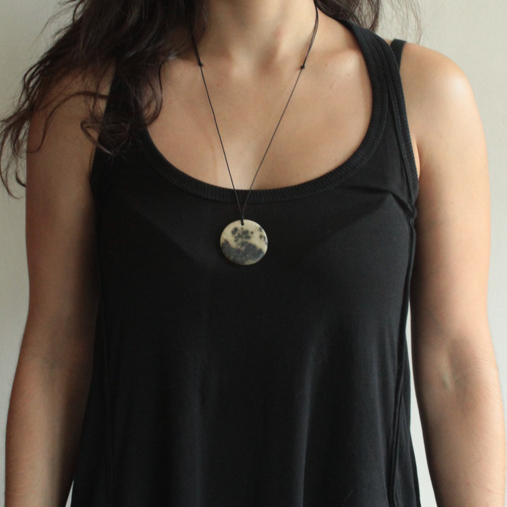 Beige with dark green design circle necklace