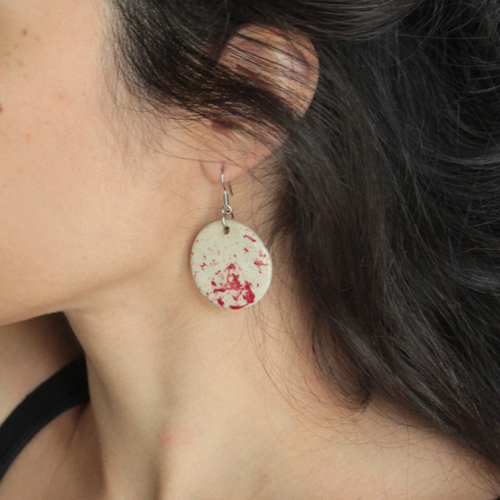 Beige with red design circle dangling earrings