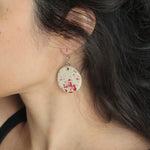 Load image into Gallery viewer, Beige with red design circle dangling earrings
