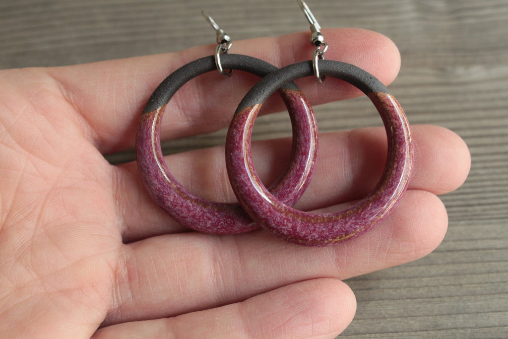 Black and red hoop dangling earrings