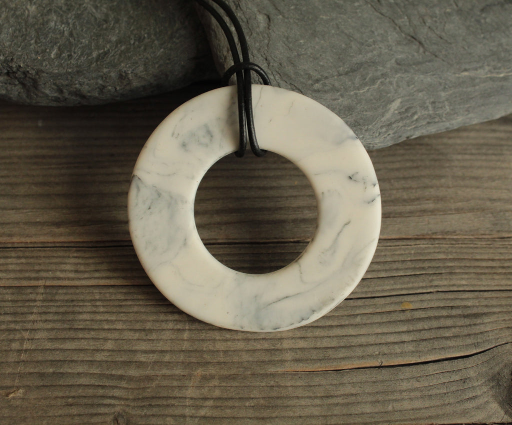 Marble porcelain necklace with leather cord - black large