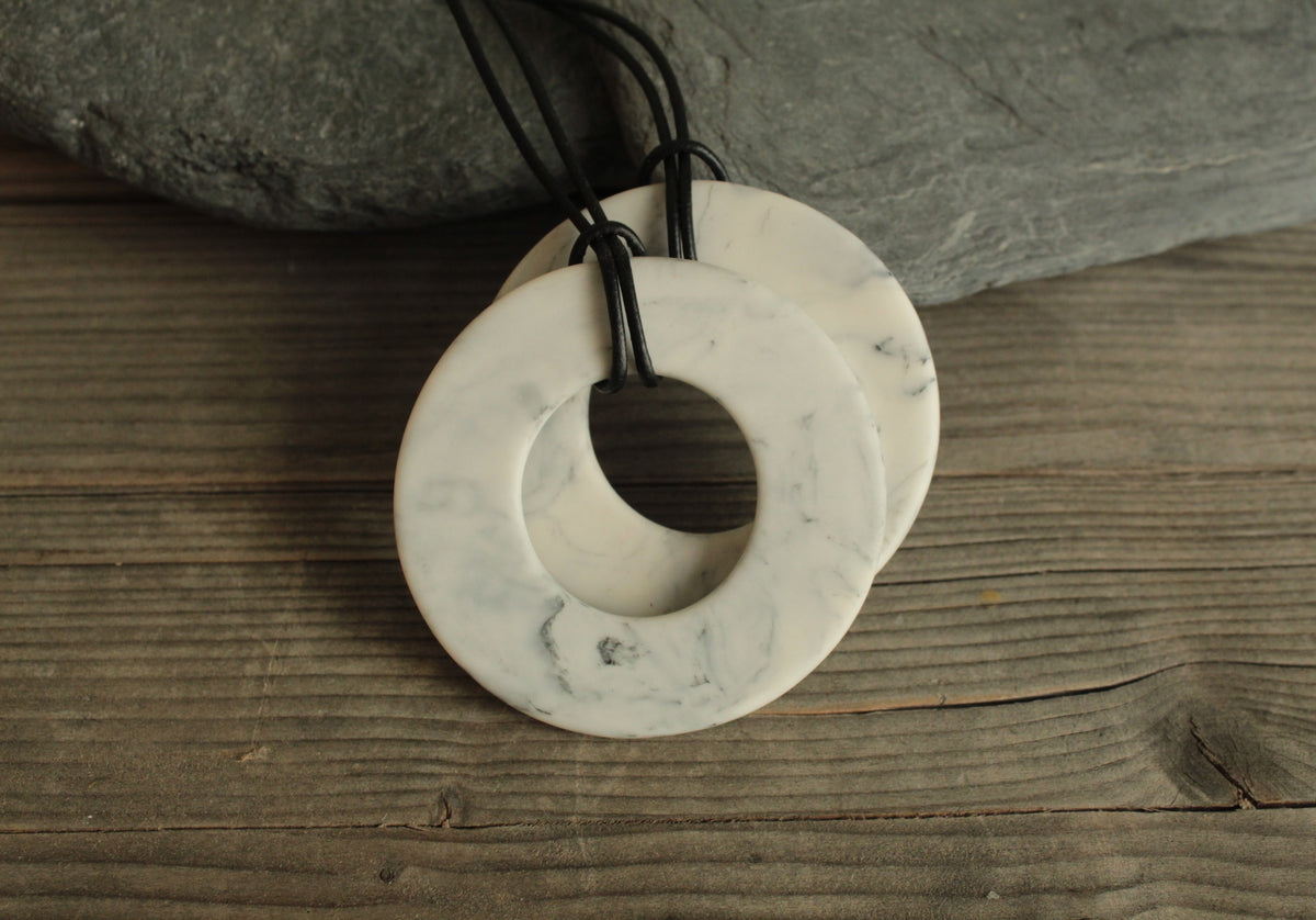 Marble porcelain necklace with leather cord - black large