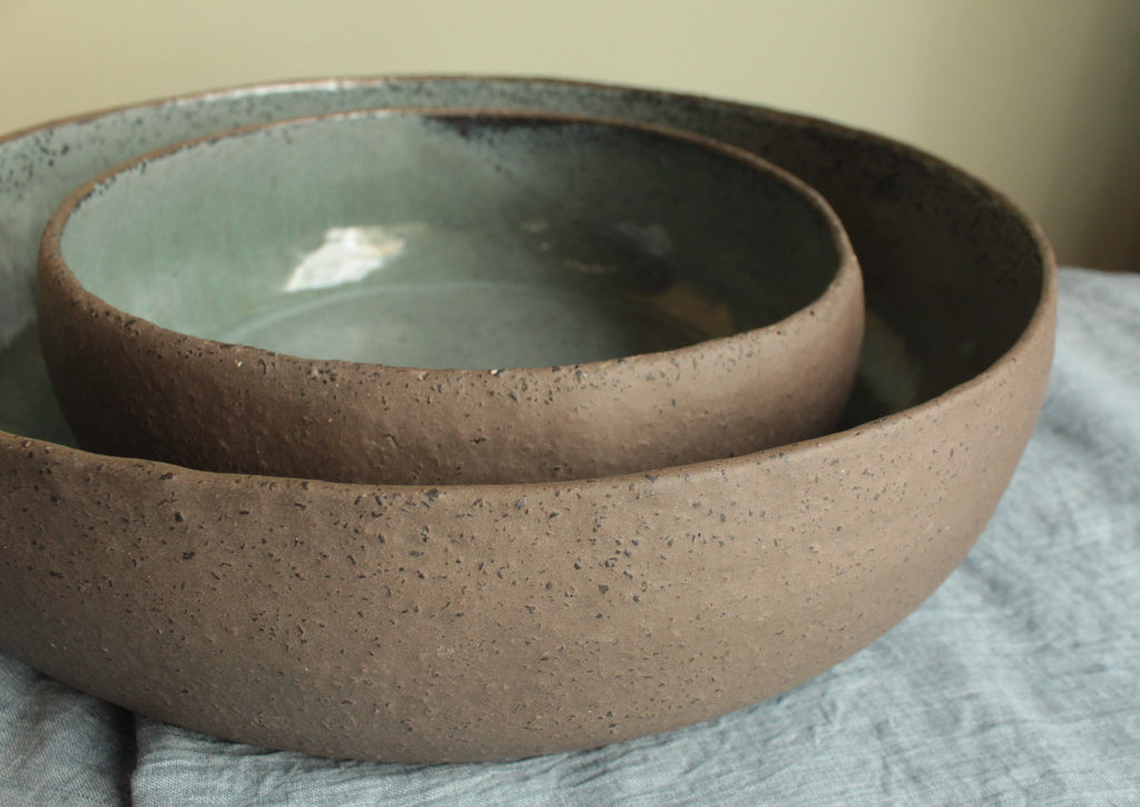 Brown and dark sage serving bowl Large