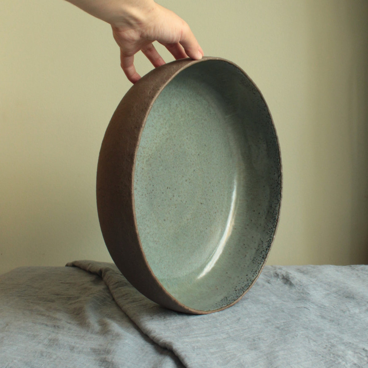 Brown and dark sage serving bowl Large