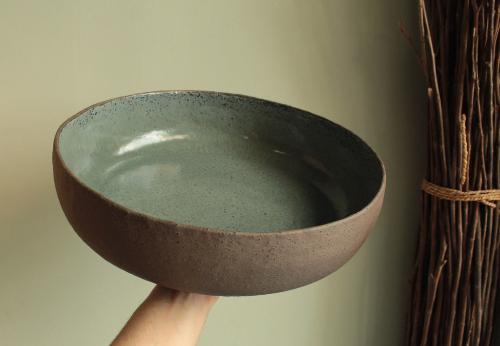 Brown and dark sage serving bowl Large