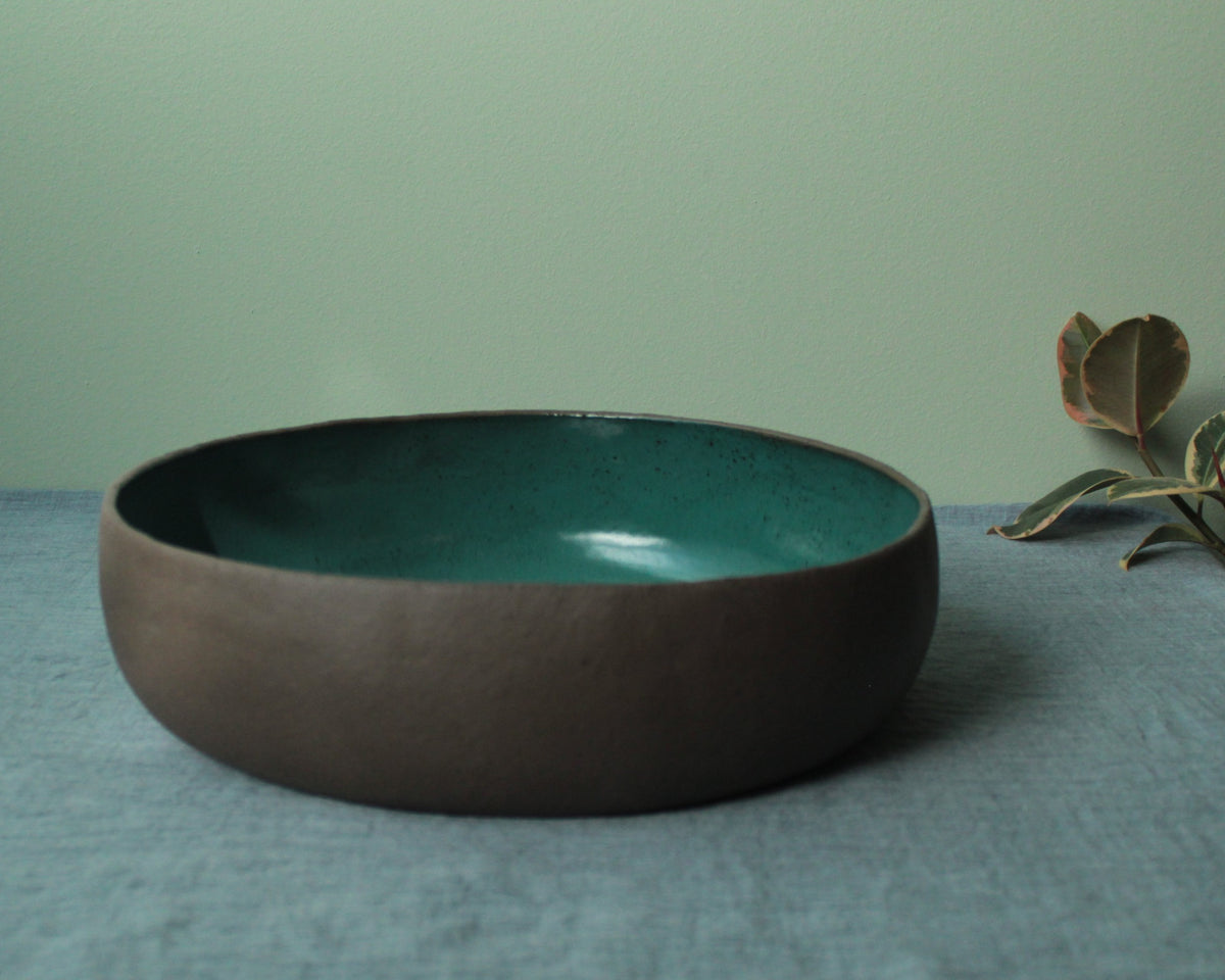Brown and botanical green serving bowl Extra Large