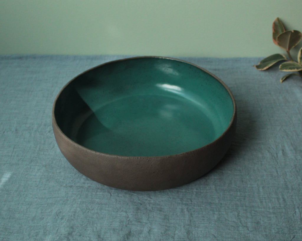 Brown and botanical green serving bowl Extra Large