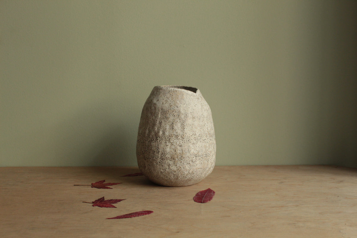 White vase with black rocks