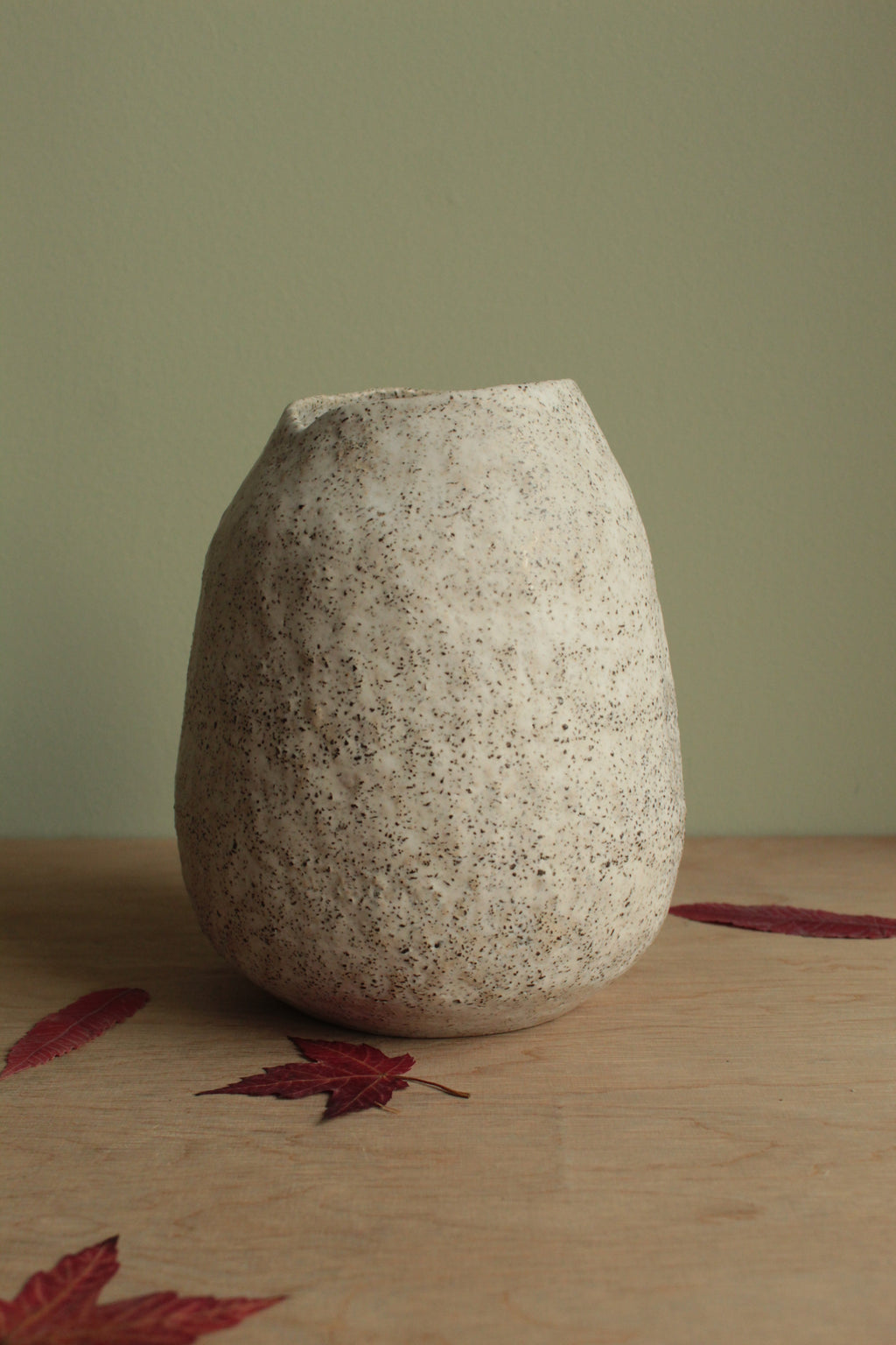 White vase with black rocks
