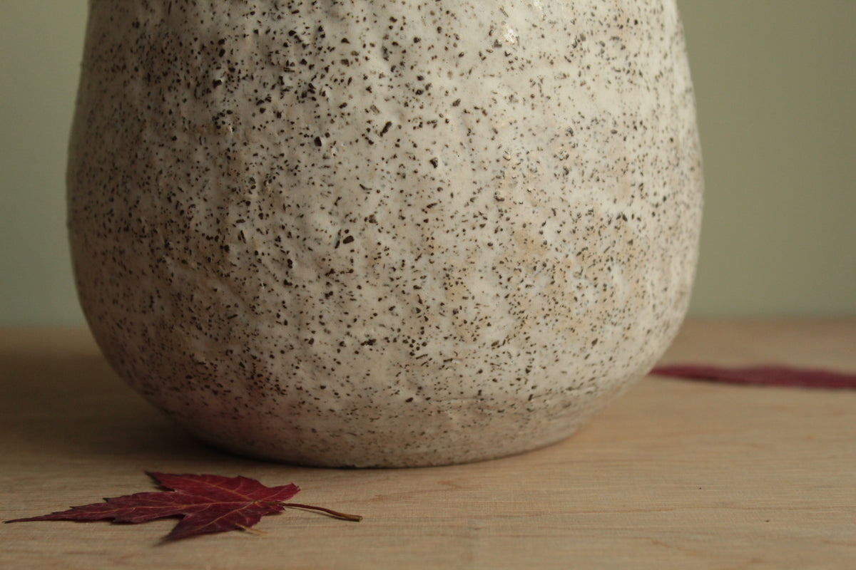 White vase with black rocks