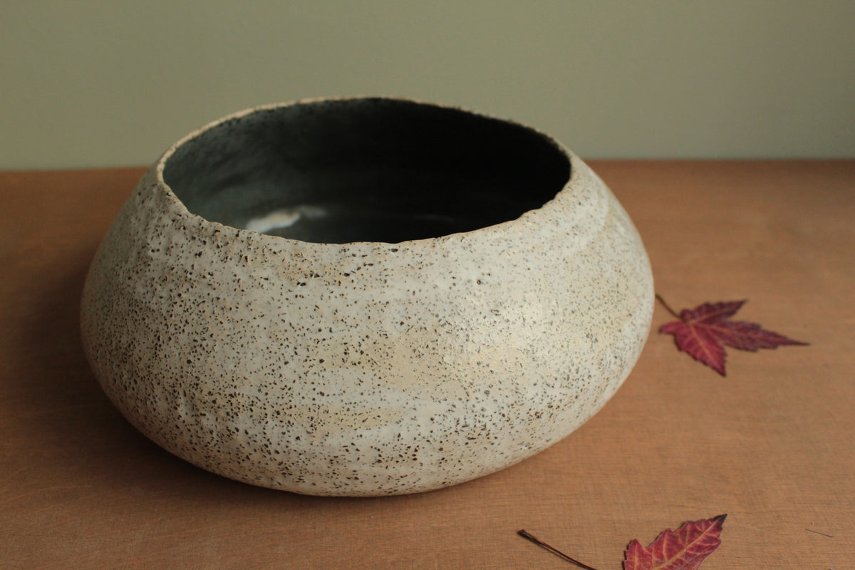 White vessel with black rocks