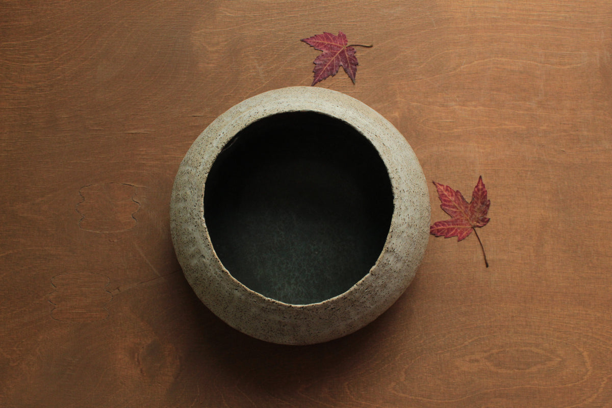White vessel with black rocks