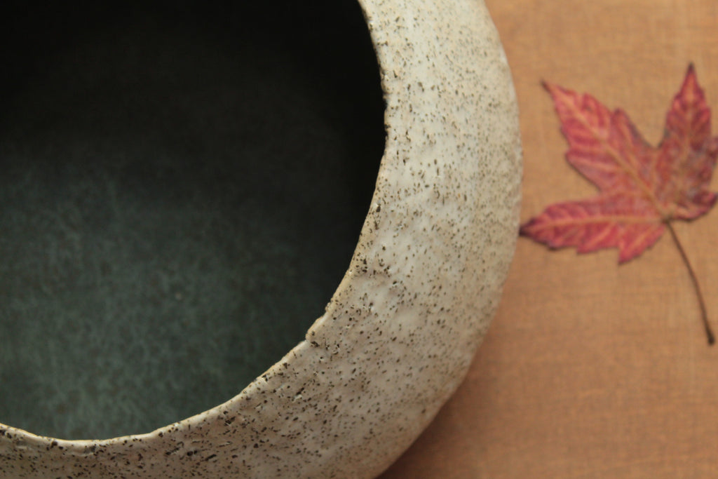 White vessel with black rocks